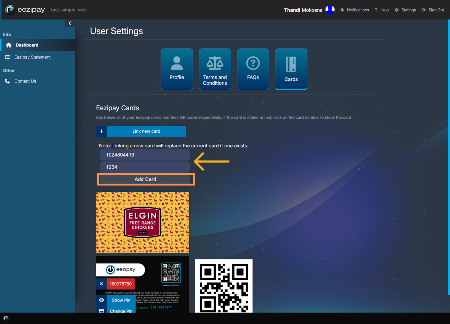Adding New Card Number & Pin